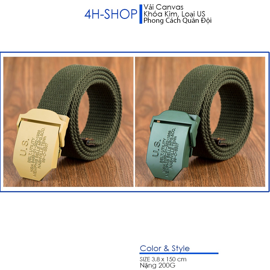 Thắt lưng nam vải bố Canvas khóa kim loại U.S, Size dây 3.5 x 115 cm, phong cach bền, đep, phượt, du lịch, nhiều kiểu ph