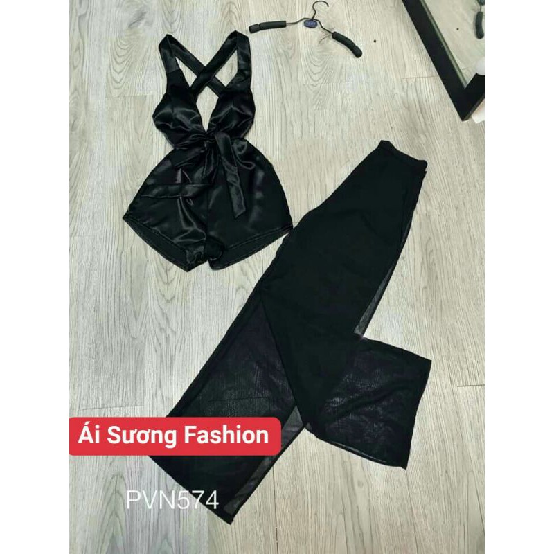 Set Bodysuit Hai Dây Cúp Ngực Chéo Lưng Kèm Quần Suông Xẻ Tà Hai Bên cực gợi cảm