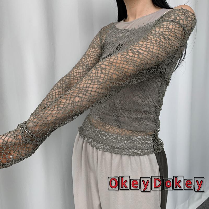 Áo Thun Nữ Tay Dài Hở Vai y2k Họa Tiết Học Viện Mỹ Thuật Màu Tối Cá Tính