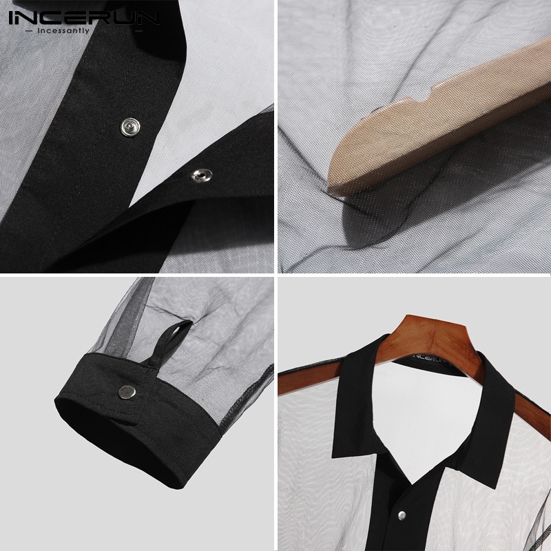 Áo sơ mi nam INCERUN chất liệu lưới xuyên thấu tay dài cổ bẻ thời trang