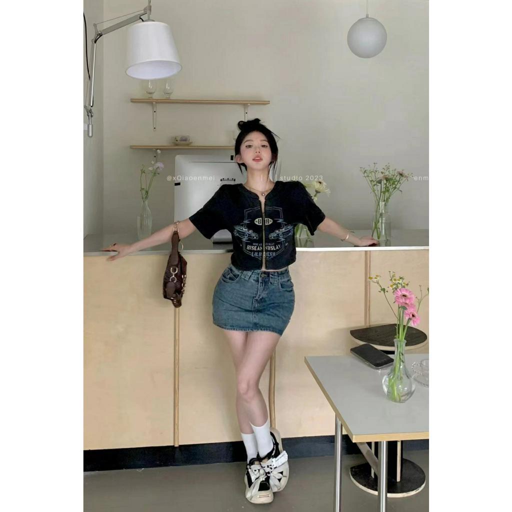 Ethelgirl  Thun Tay Ngắn Hai Đầu Có Khóa Kéo In Họa Tiết Cổ Điển Phong Cách Mỹ Thời Trang Cho Nữ