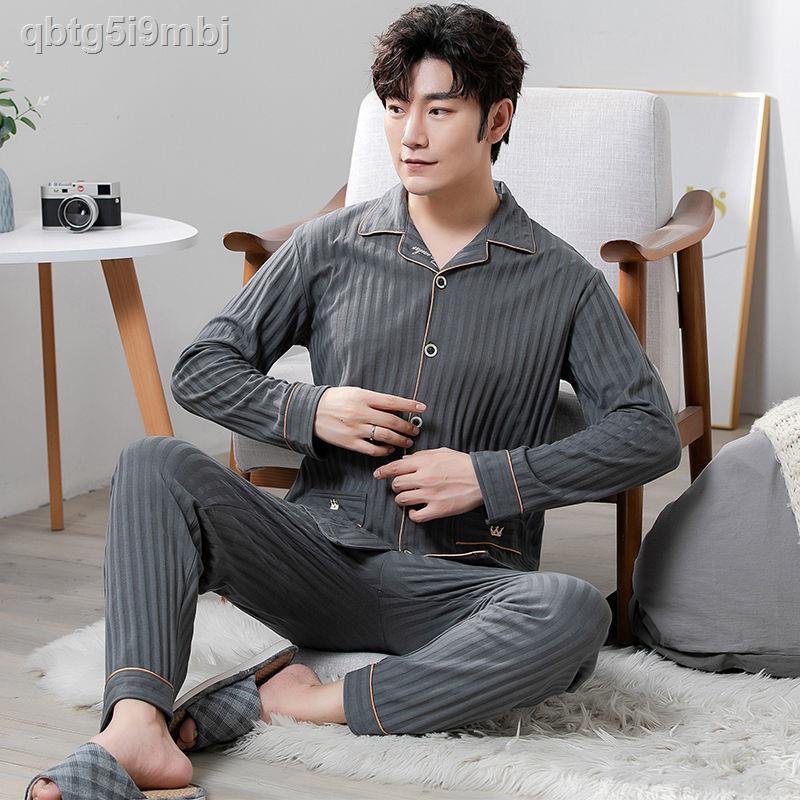 Bộ đồ ngủ nam mùa xuân, thu và đông cotton tinh khiết dài tay quần áo mỏng rộng rãi cộng với kích thước 5