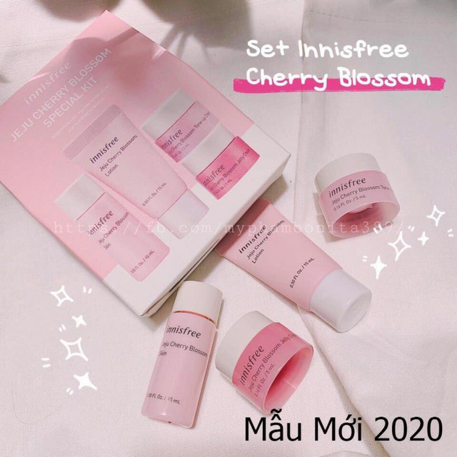 Bộ Dưỡng Trắng Da Anh Đào Mini dưỡng ẩm chiết xuất Từ Hoa Anh Đào Innisfree Jeju Cherry Blossom Kit giúp da sáng mịn