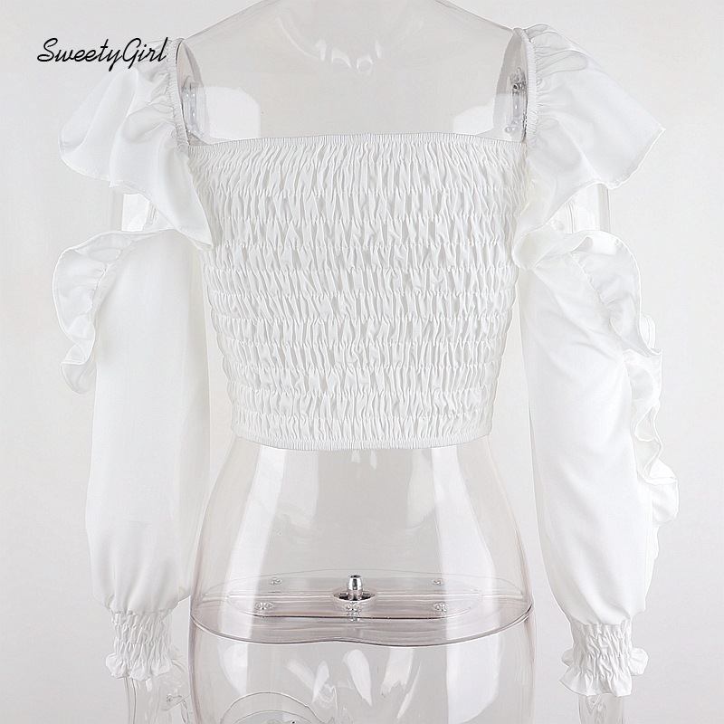 Áo croptop nhún tay dài cổ vuông màu trơn dáng ôm cho nữ