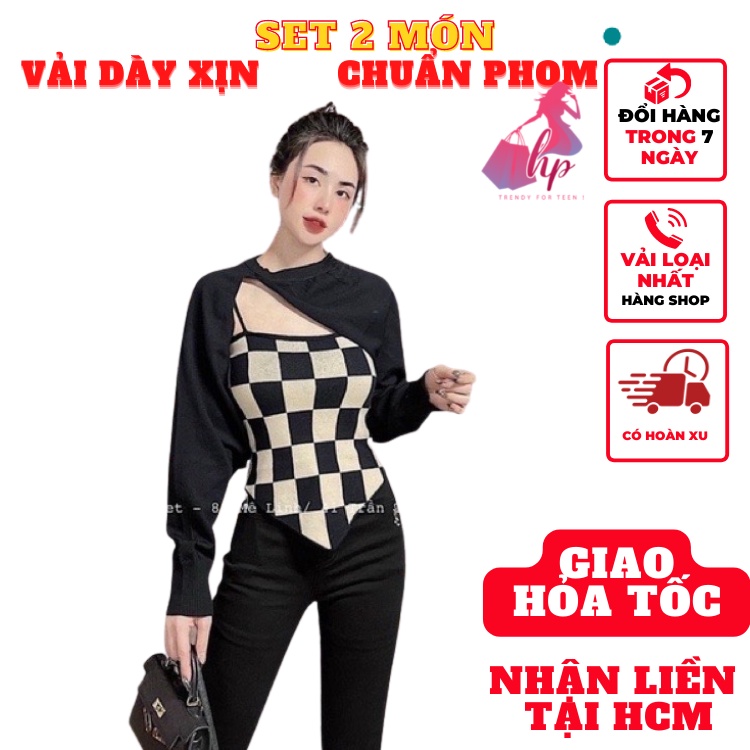 Set 2 món áo hai dây caro kèm áo khoác ngoài chất thun gân sang chảnh mẫu mới - A132
