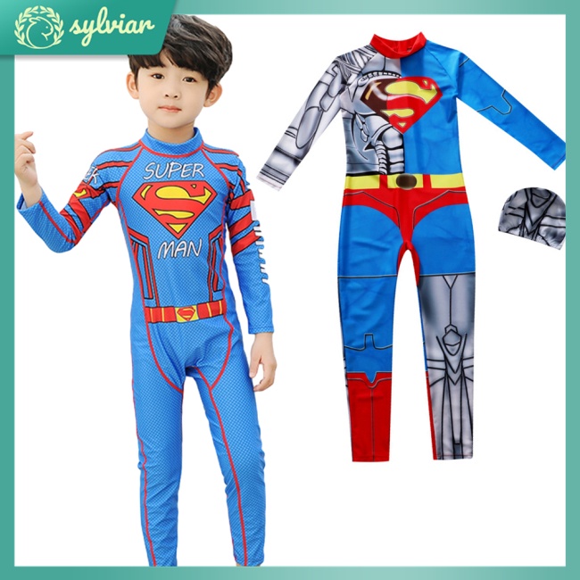 Bộ Đồ Bơi Một Mảnh Dài Tay Chống Nắng + Mũ Bơi Cho Bé 5-11 Tuổi