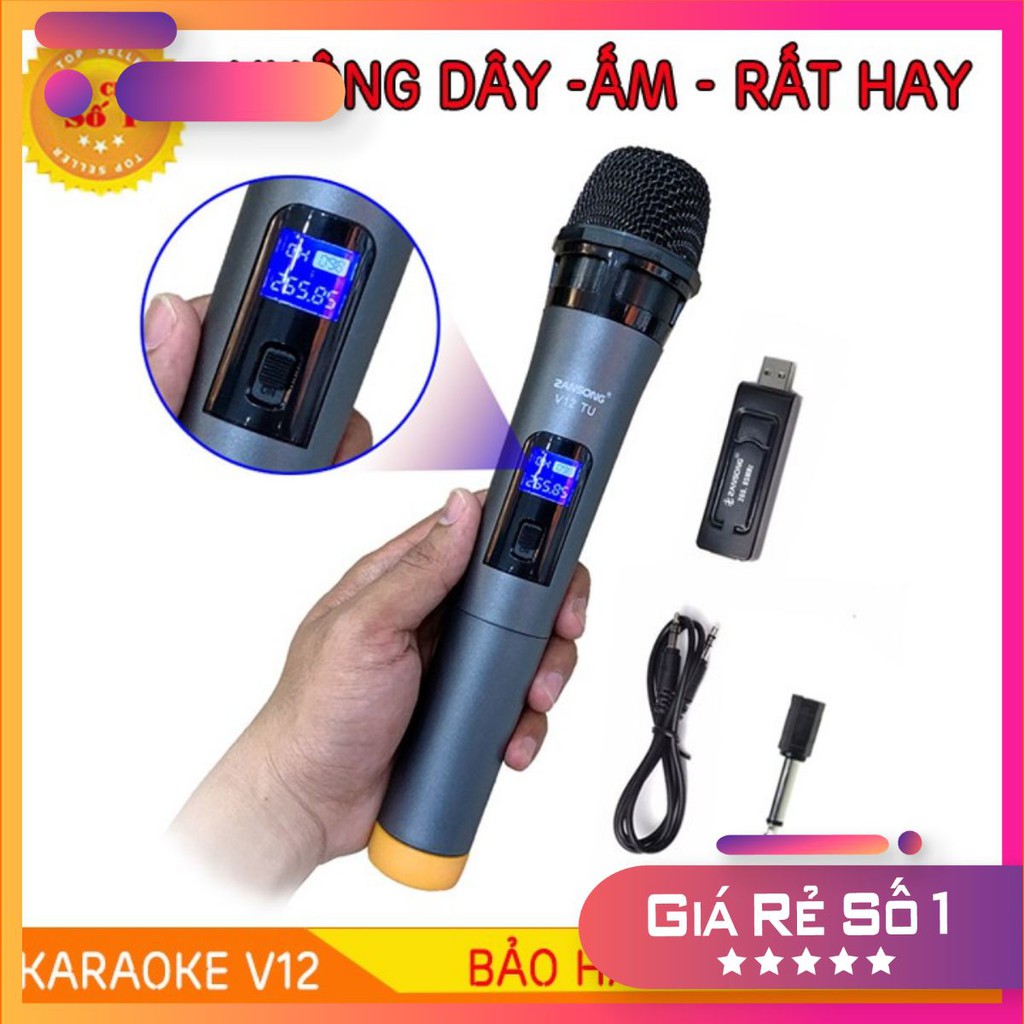 HỎA TỐC 2H - Mic Karaoke không dây V12 cho loa kéo, loa bluetooth karaoke, amply có màn hình hiển thị. Bảo hành 6 tháng