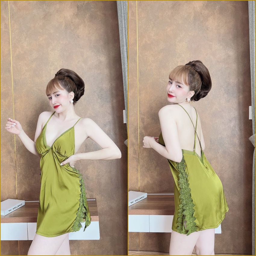 Đầm ngủ nữ 2 dây sexy TUTA phối ren hoa nổi chất lụa satin cao cấp  - dn024