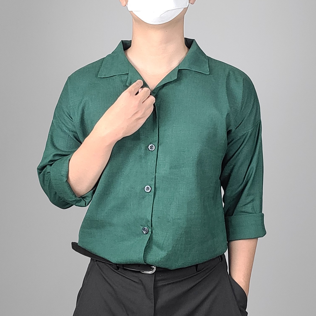 Áo sơ mi nam dài tay cổ cuba, cuban shirt màu xanh hot trend