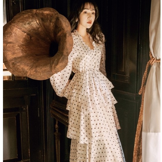 Đầm tiểu thư maxi nhiều tầng Ulzzang dài tay chấm bi 2- u.w