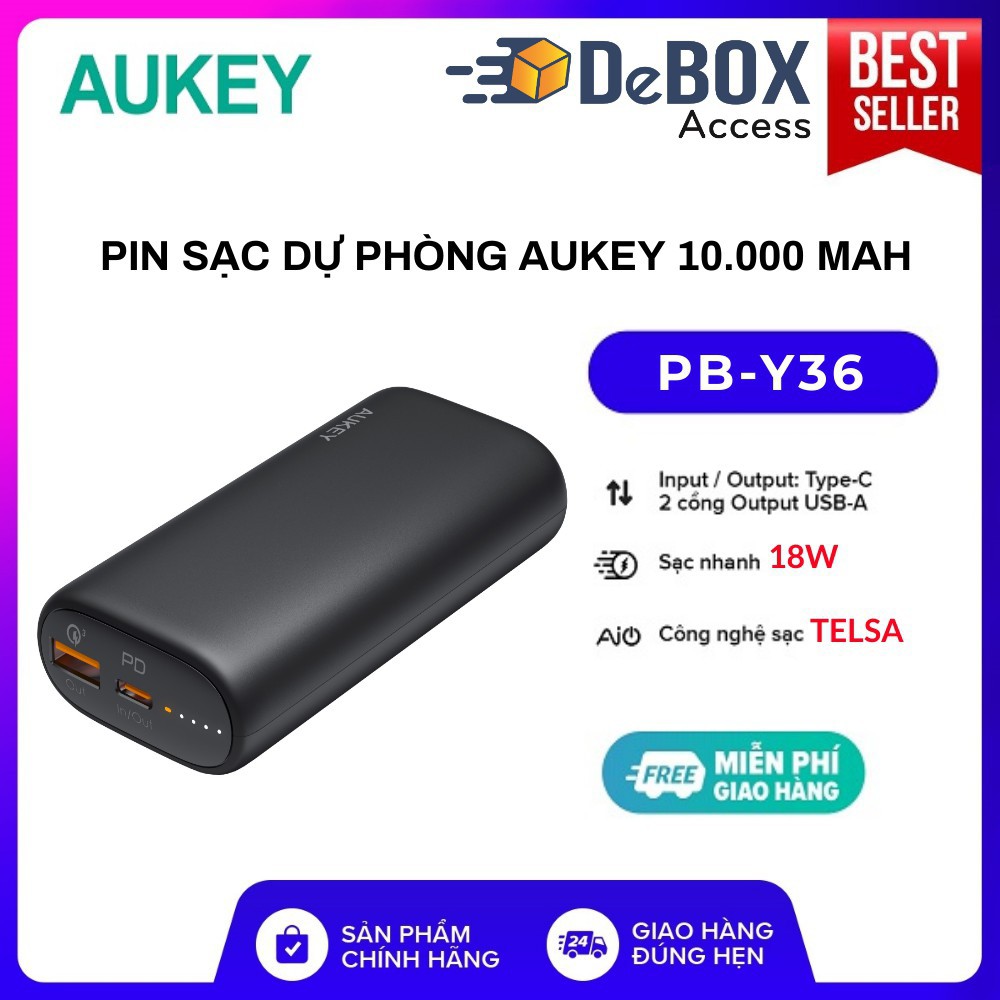 Combo AUKEY Pin Sạc Dự Phòng 10.000 mAh PB-Y36, Cốc Sạc Nhanh PA-F1S, Cáp C to Lightning CB-CL1 - BH 24T Chính Hãng