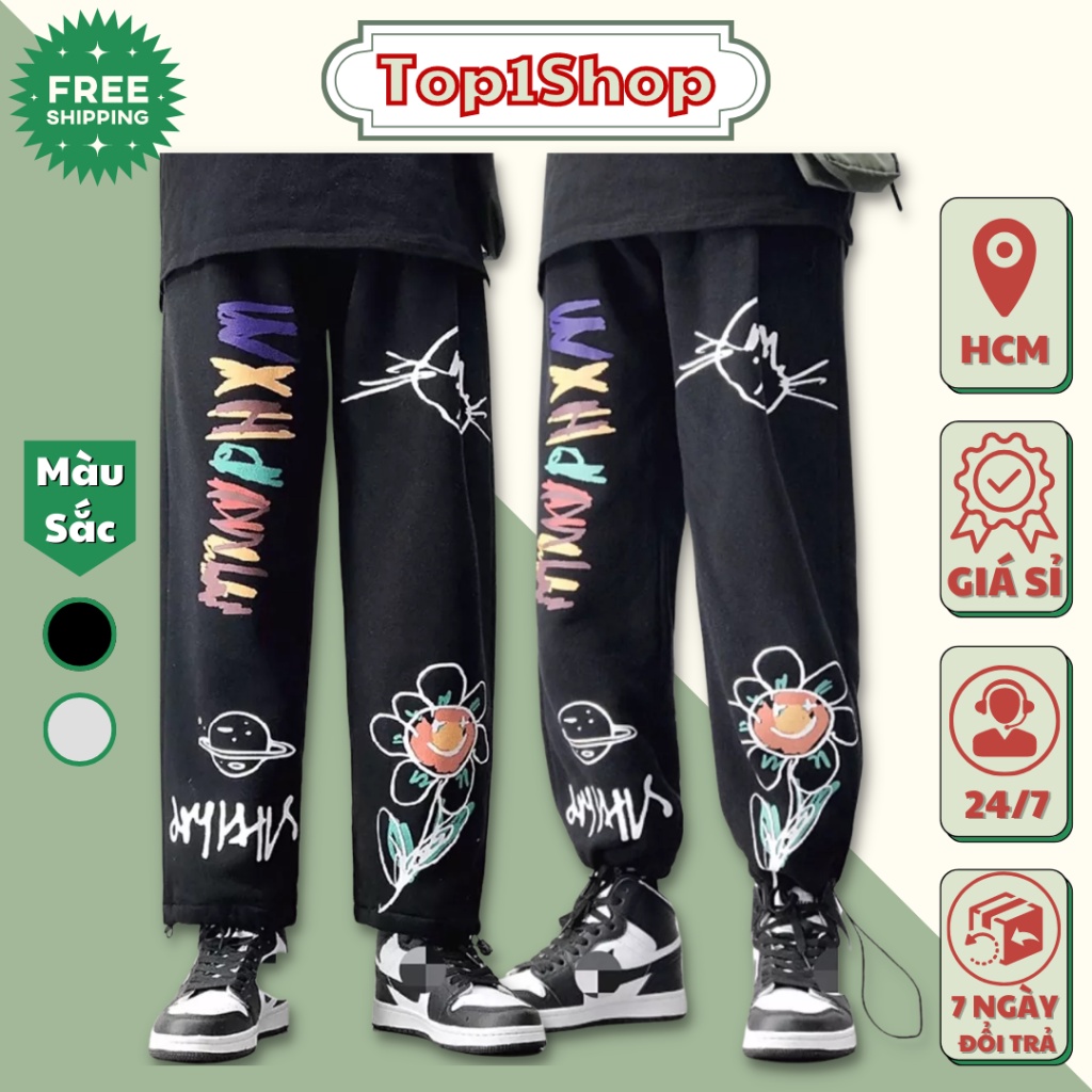 Quần ống rộng thể thao Unisex họa tiết Hoa Zumbie HXM chất nỉ bông cao cấp có dây rút ở gấu mặc được 2 kiểu