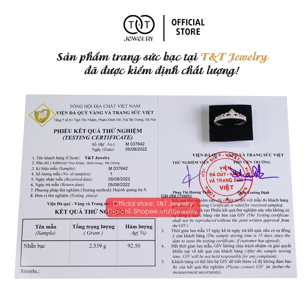 Nhẫn Bạc Nữ T&amp;T Jewelry Vương Miện nạm đá cao cấp NN08