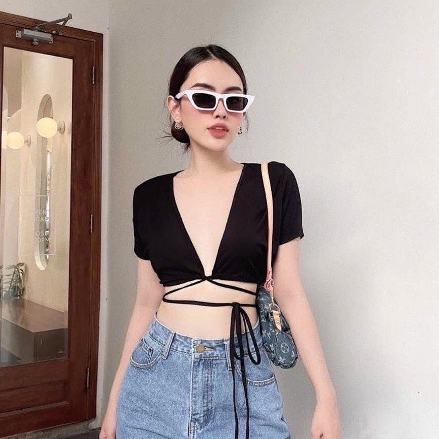 Áo croptop nữ, Áo thun cộc tay nữ dáng lửng buộc dây bụng hở eo hở lưng ôm body mặc 2 kiểu sexy đen trắng Wikishop C993