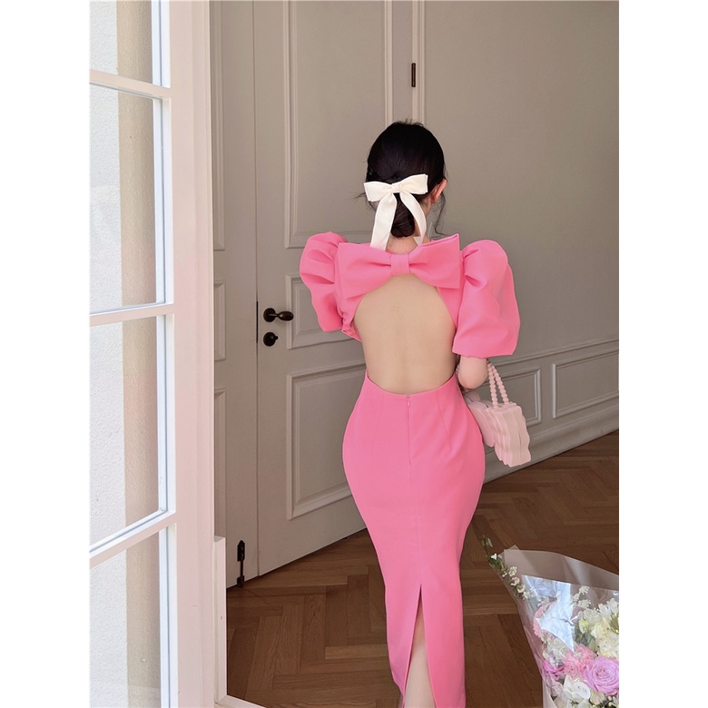 Đầm Váy Nữ Màu Hồng Thiết Kế Hở Lưng Ôm Body Dáng Dài Tay Bồng Mặc Đi Du Lịch Dự Tiệc Phong Cách Sang Chảnh Bánh Bèo
