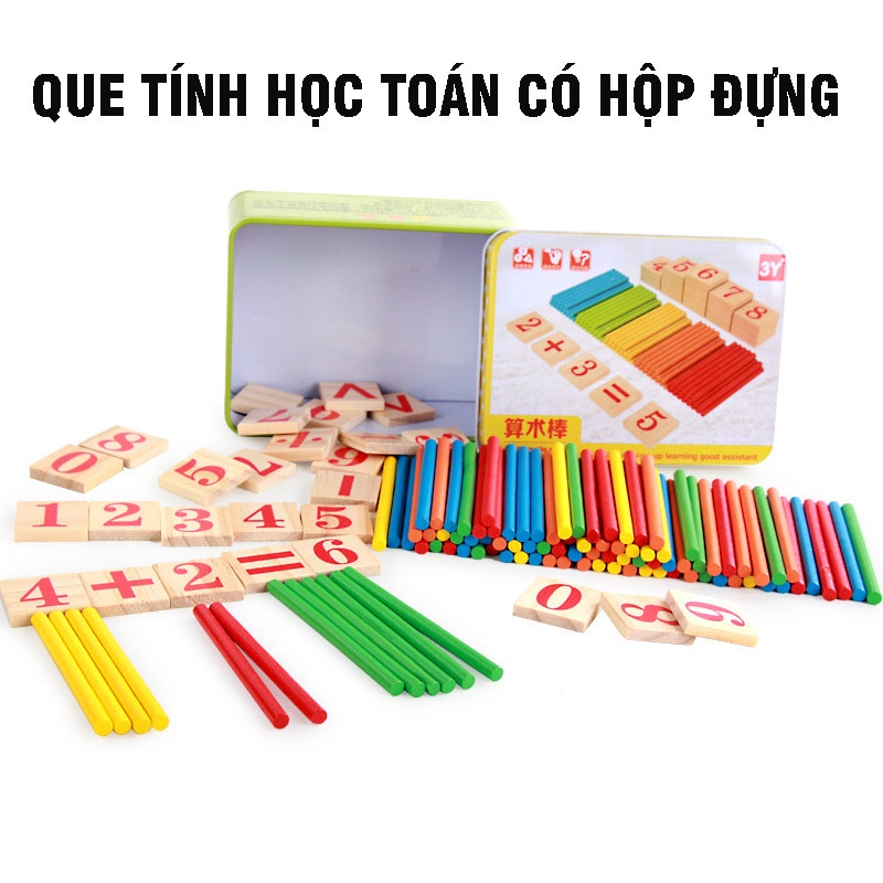 Bộ que tính học toán bằng gỗ có hộp đựng cao cấp - bảng tính que học toán cho bé