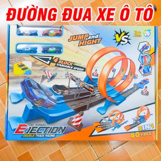 Bộ lắp ghép đường đua đồ chơi trẻ em gồm 4 xe ô tô mini và 2 đường đua