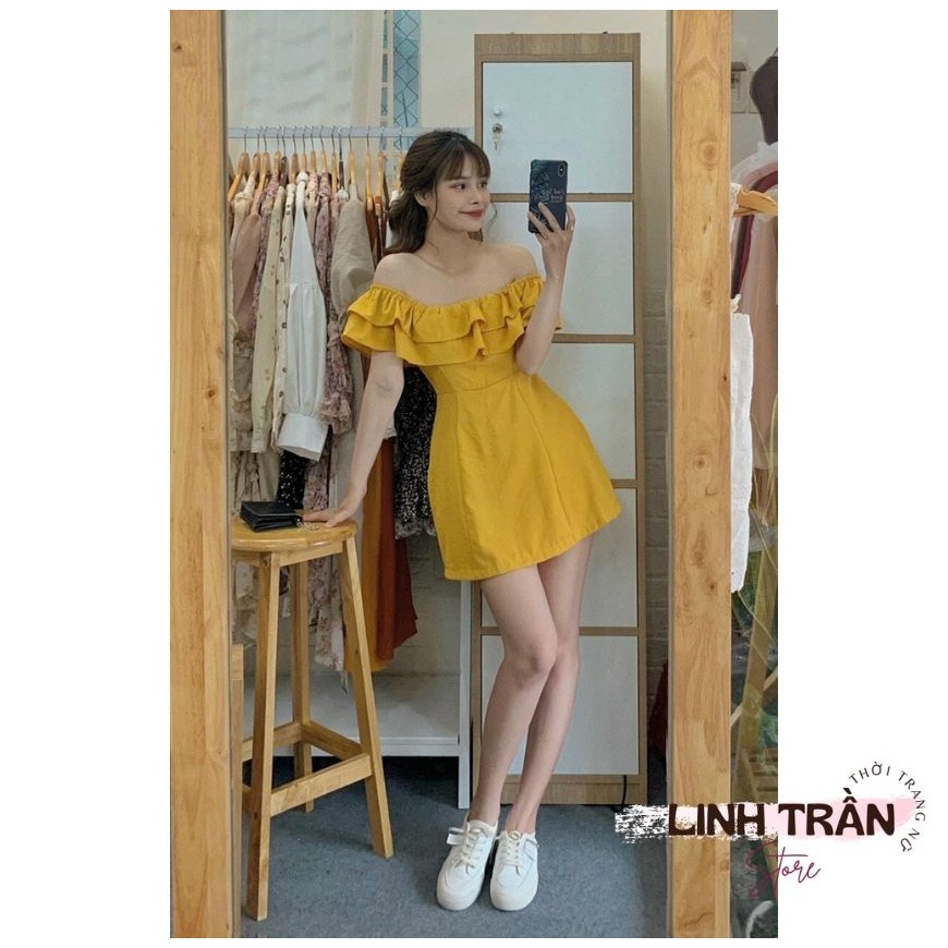 Đầm Midi Trễ Vai Linen Vàng 🦋FREESHIP🦋 Váy Xòe Vai Bèo Linh Trần Store
