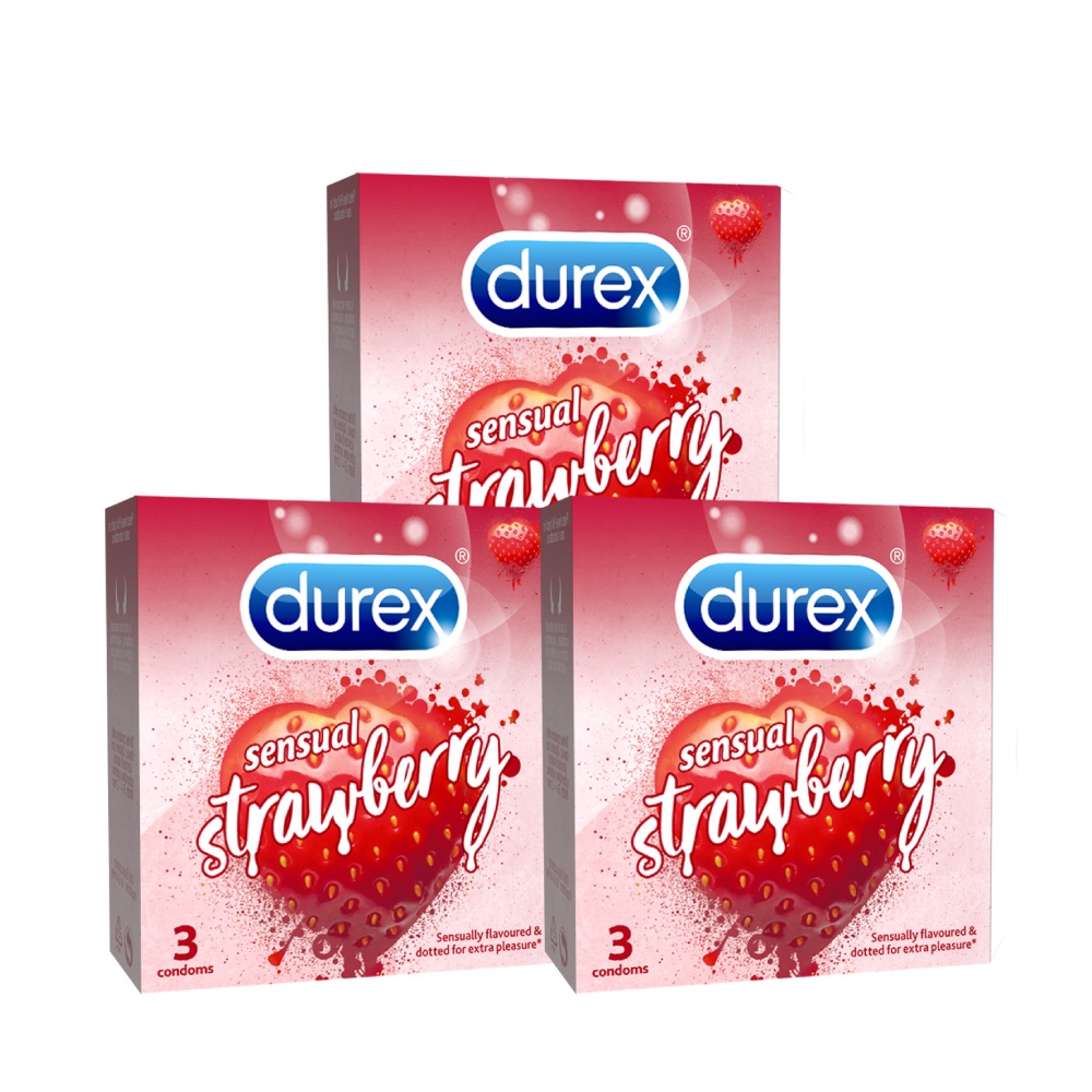 Bộ 3 hộp bao cao su Durex Sensual Strawberry hương dâu (size 53mm, 3 bao/hộp)