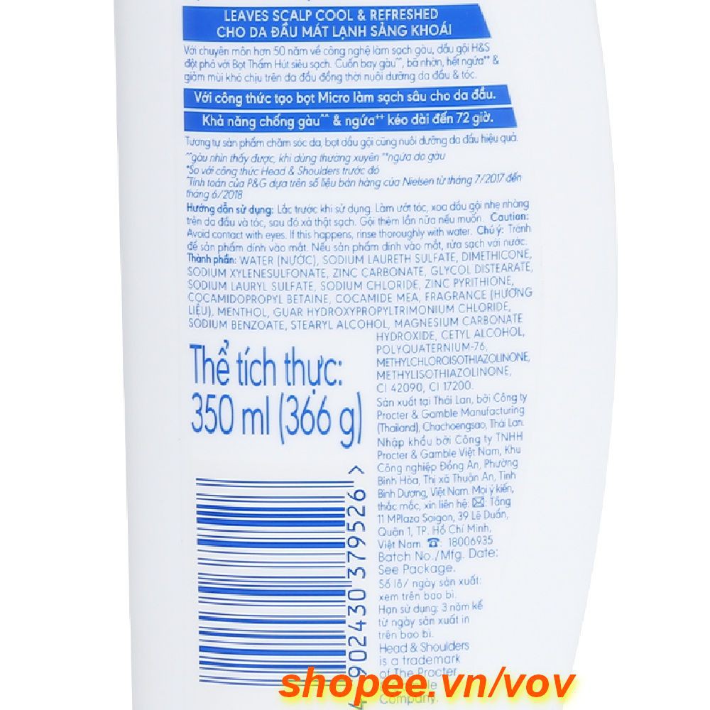 Dầu Gội Đầu 350ml Head & Shoulders Bạc Hà Mát Lạnh Chính Hãng.