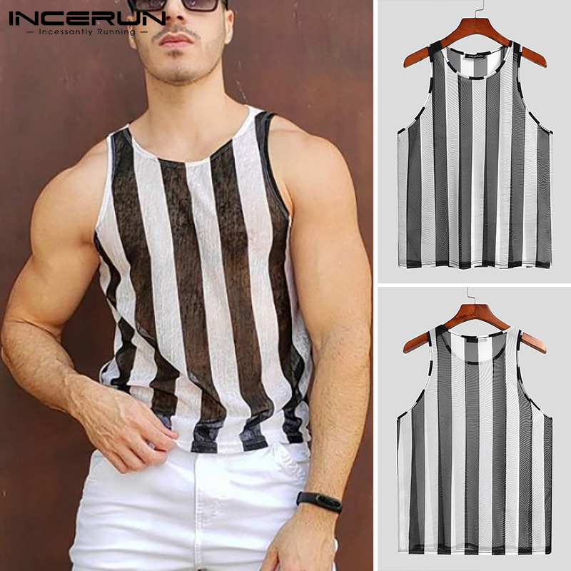 Áo không tay INCERUN in họa tiết kẻ sọc xuyên thấu thời trang quyến rũ cho nam