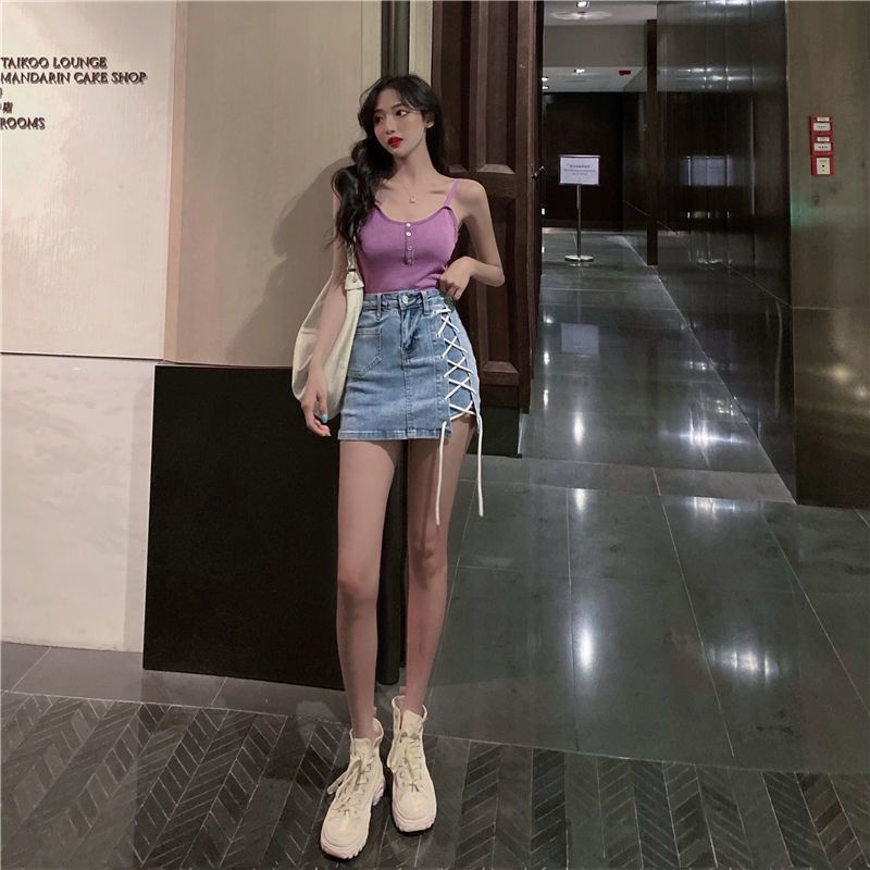 Chân Váy Jeans Lưng Cao Xẻ Tà Thời Trang Dành Cho Nữ