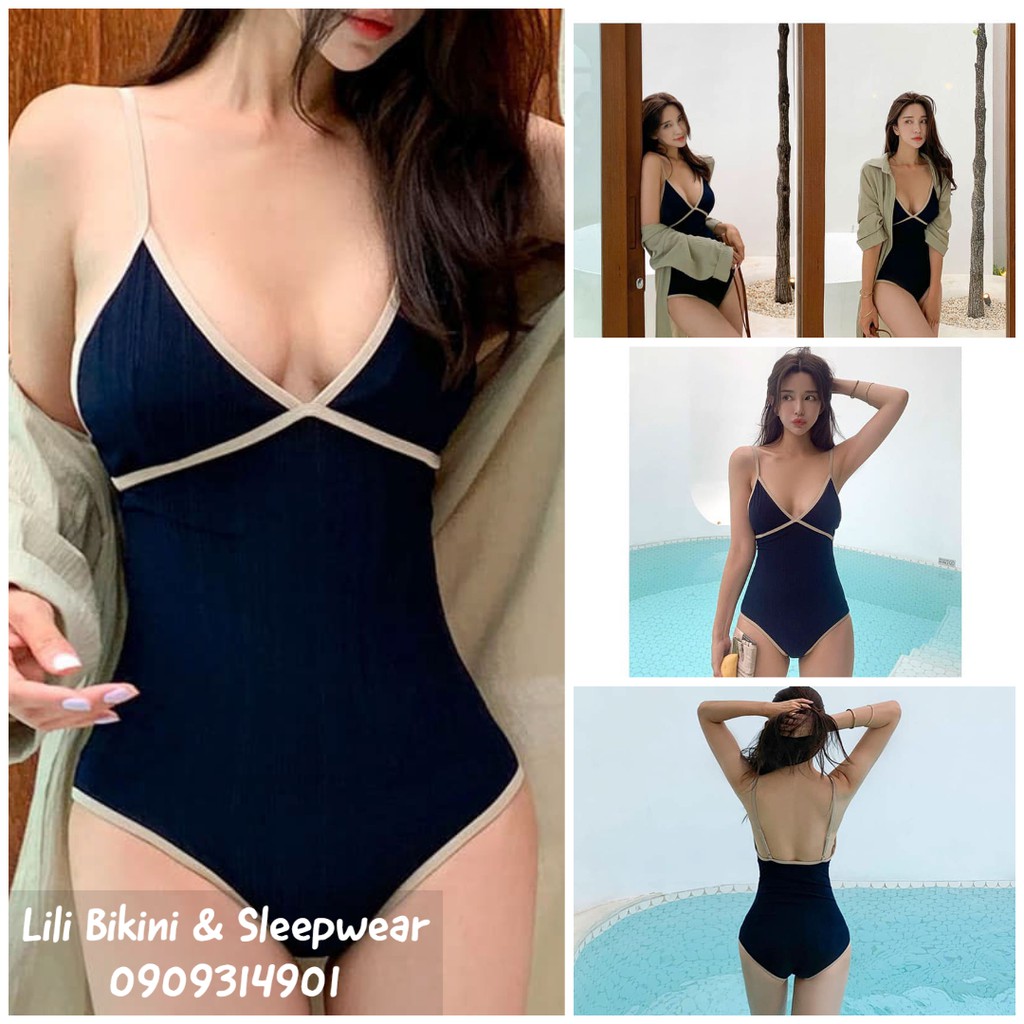 Bikini mẫu mới 2022 Hàn Quốc màu xanh navy viền sang trọng, tôn dáng hàng cao cấp vải xịn có mút lót ngực