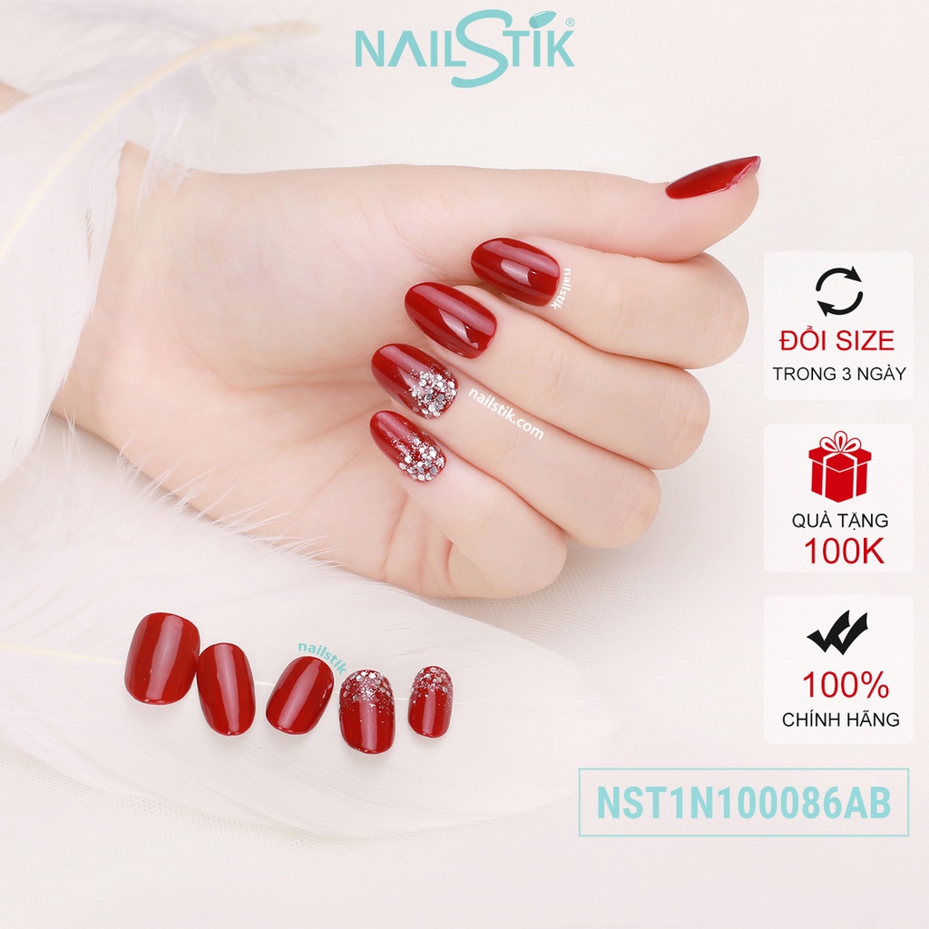 Móng úp thiết kế by NAILSTIK, màu đỏ đô, form móng bầu, ngắn/dài, 086