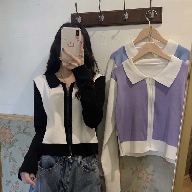 Áo Khoác cardigan Dệt Kim Tay Dài Có Khóa Kéo Màu Sắc Tương Phản Phong Cách Hàn Quốc Thời Trang Cho