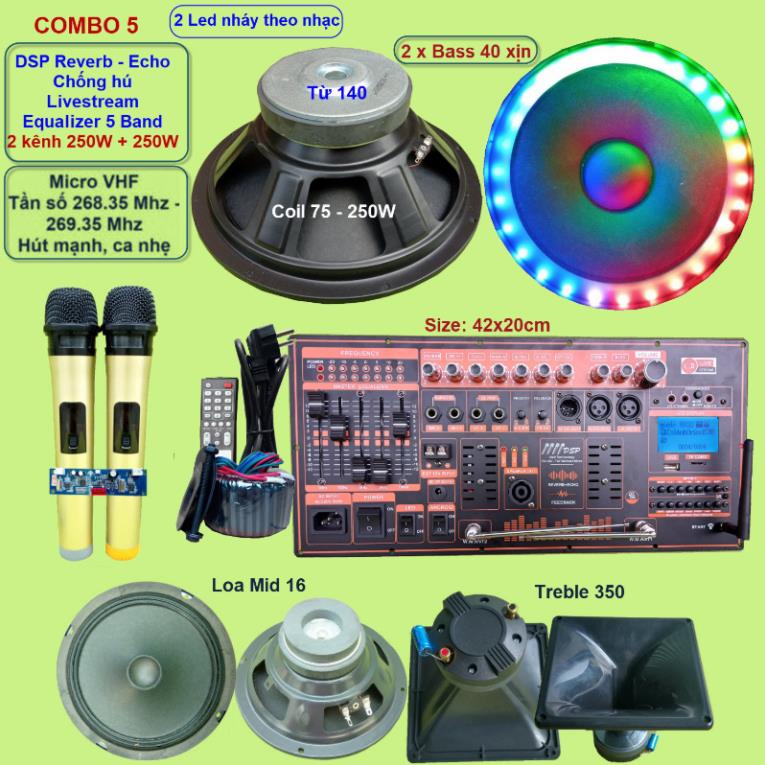 Mạch loa kéo 4 tấc đôi 2 kênh 250W + 250W DSP Reverb Echo Livestream có chống hú - Equalizer 5 Band  2 tay micro KÈM LED