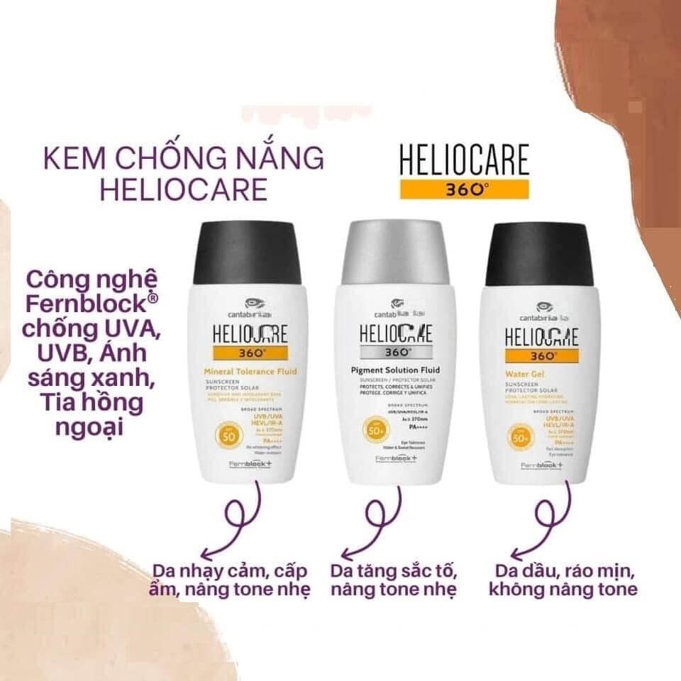 Kem Chống Nắng Phổ Rộng, Không Dầu Heliocare 360 SPF 50+ Water Gel, Mineral Tolerance Fluid, Pigment Solution