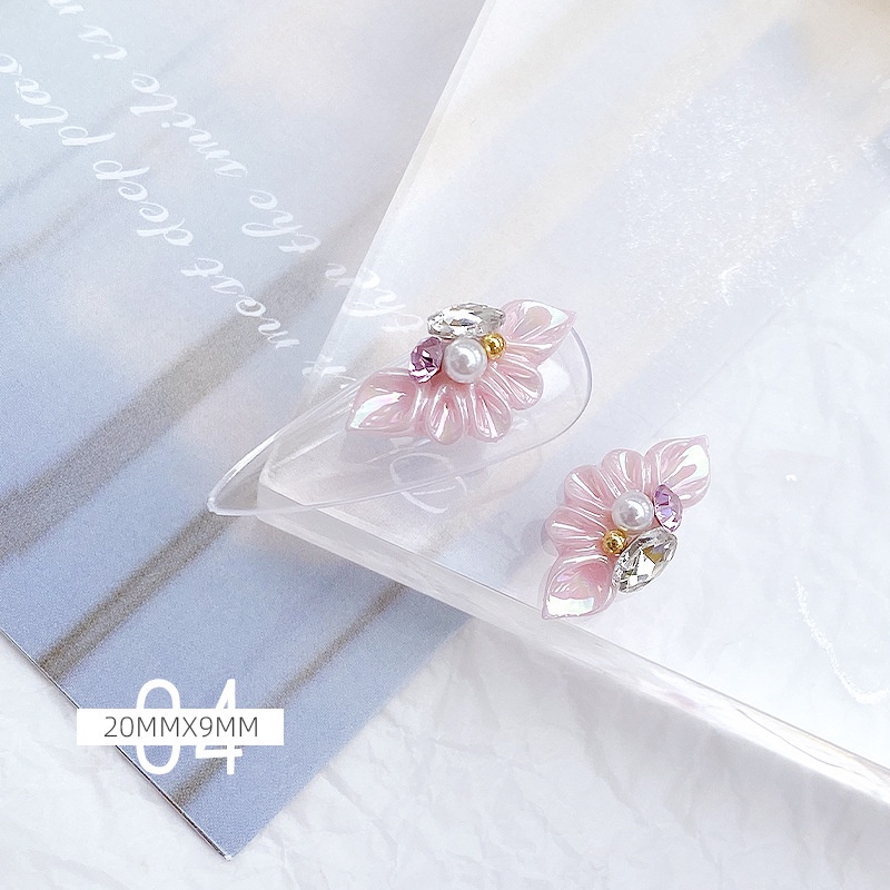 Set 10 Miếng Dán Móng Tay Khắc Hình Cánh Hoa Đính Hạt Ngọc Trai / Kim Cương Giả Bằng Resin Mới