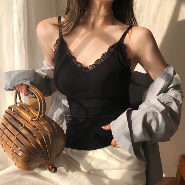 Áo Bra 2 Dây Cotton Thân Dài Viền Ren Gợi Cảm Có Đệm Nâng Ngực Kiểu Dáng Hàn Quốc 3328