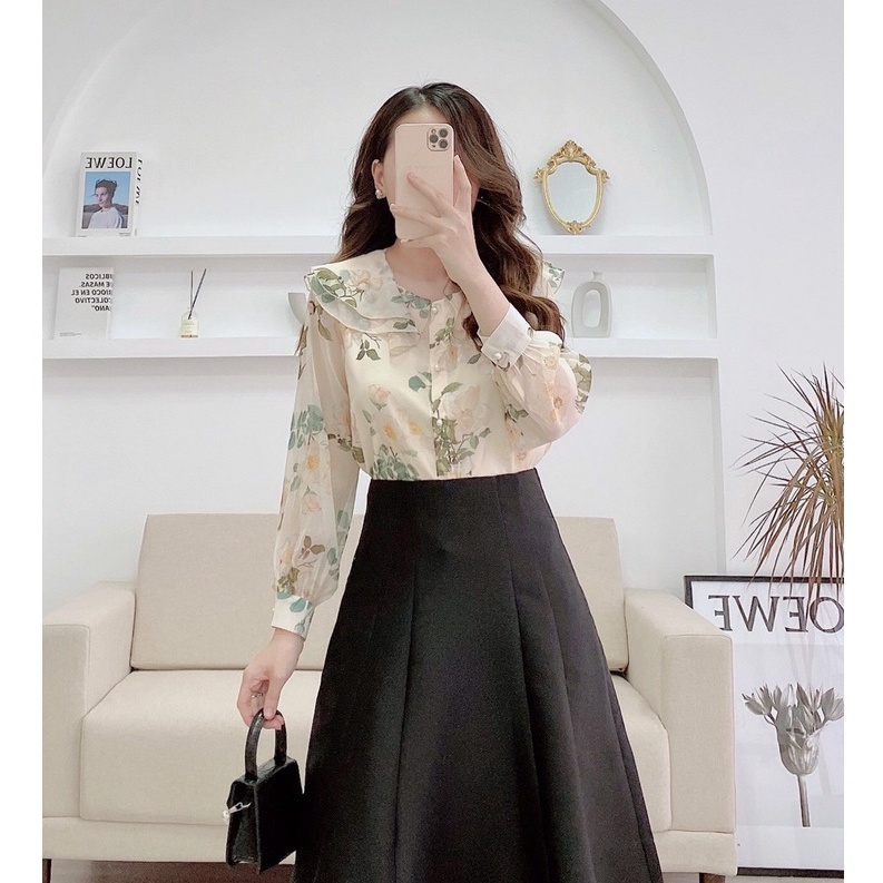 Áo sơ mi nữ cổ bèo họa tiết hoa xanh ZYM'S HOUSE K855