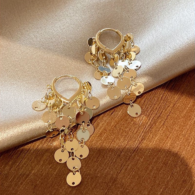 Khuyên Tai Kim Loại Dáng Dài Đính Kim Sa Tua Rua Phong Cách Thời Trang Hàn Quốc Mới 2022 Cho Nữ