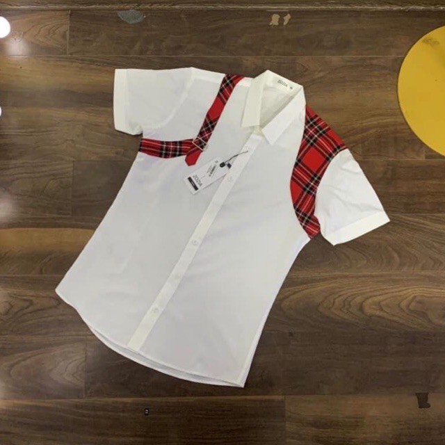 Áo sơmi cộc tay Mcqueen pha vai kẻ đỏ vàng hot 2021