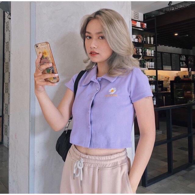 Áo cổ bẻ thêu hoa cúc trước ngực phối nút mẫu mới TTSLA0246