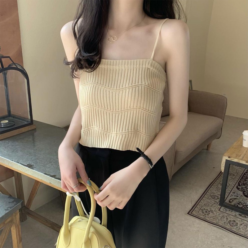 Brroa Áo Croptop Dệt Kim Trễ Vai Hai Dây Họa Tiết Kẻ Sọc Gợn Sóng Màu Trơn Thời Trang Mùa Hè Cho Nữ