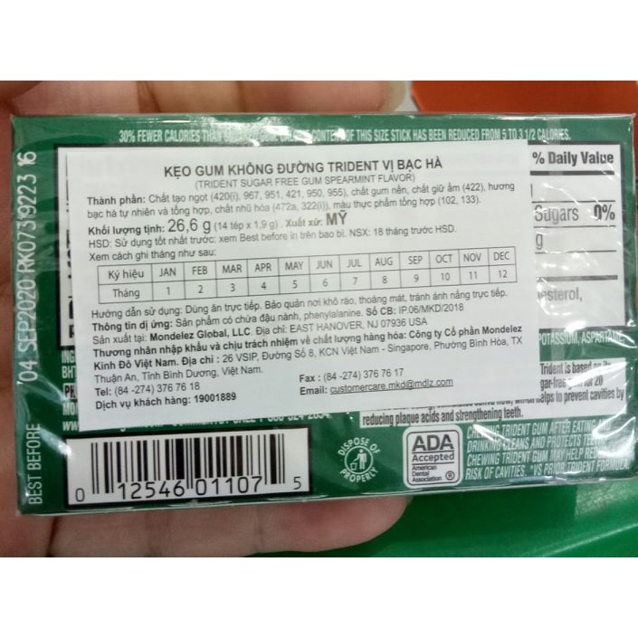 KẸO GUM KHÔNG ĐƯỜNG TRIDENT MỸ