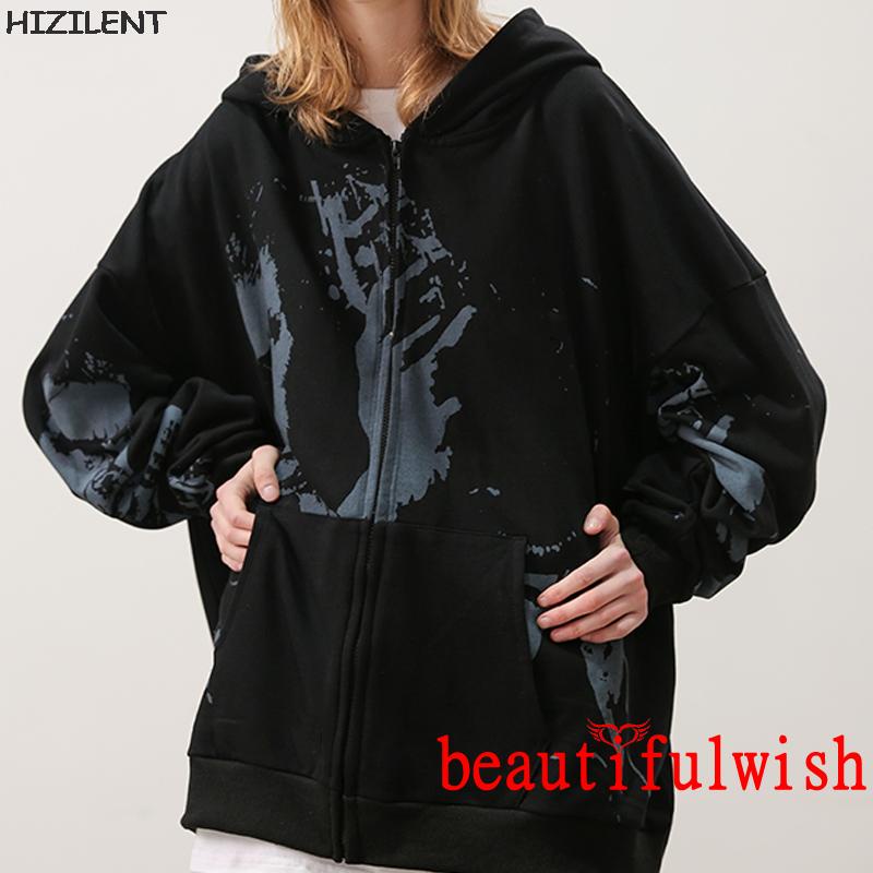 Áo hoodie dài tay cỡ lớn in họa tiết chân dung phối khóa kéo thời trang cho nữ