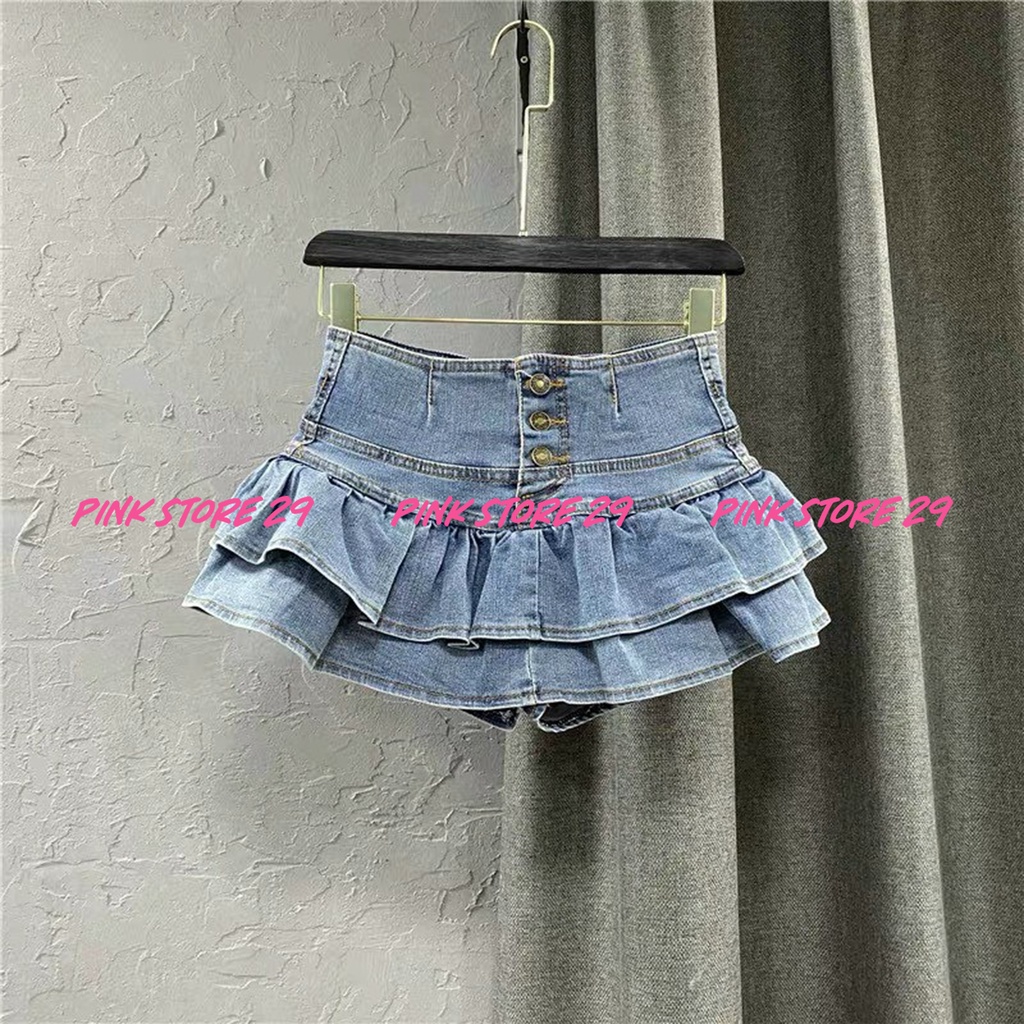 Chân váy xòe hai tầng lưng cao PINKSTORE29, chất denim đường phố CÁ TÍNH C024
