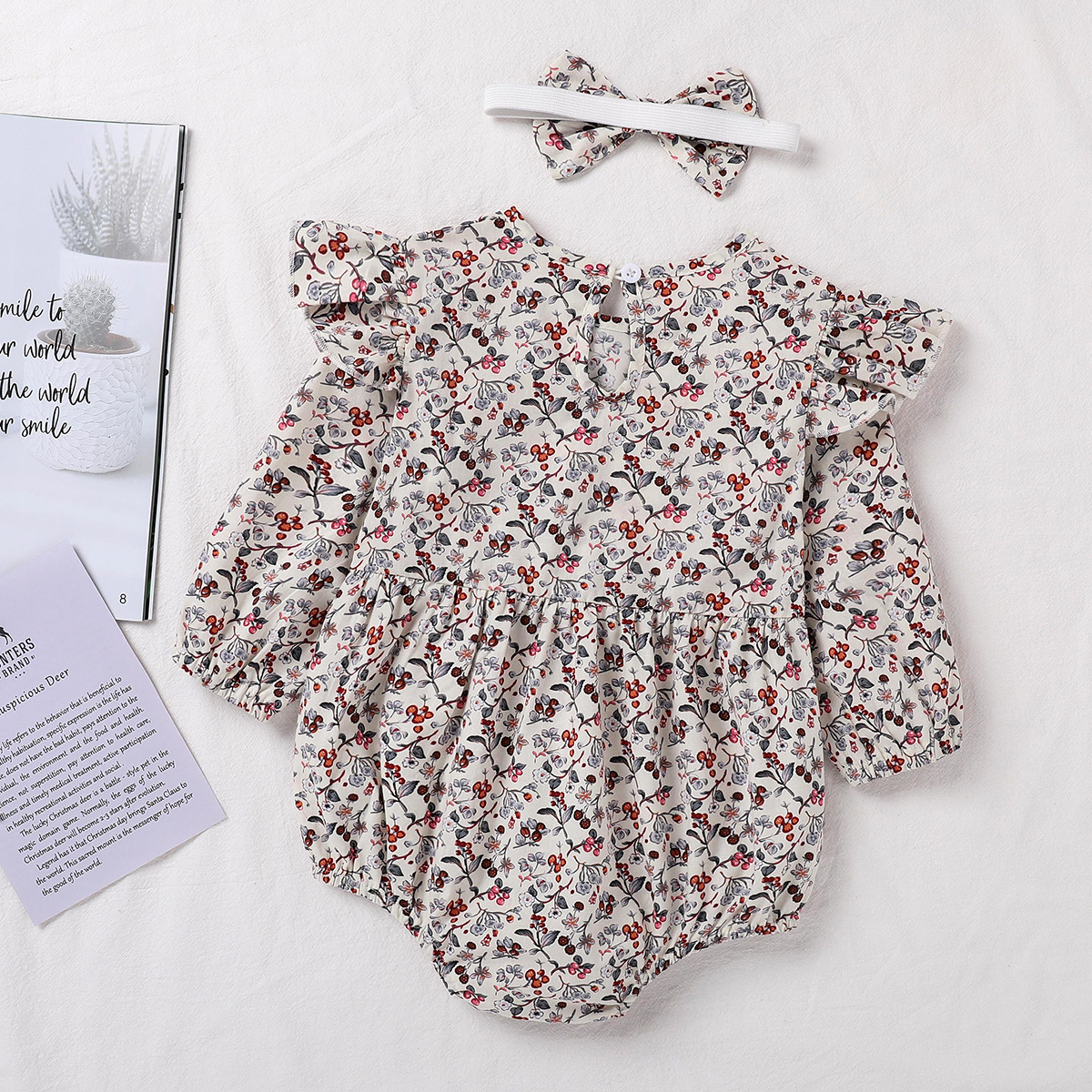 Set Jumpsuit Tay Dài Hoạ Tiết Hoa + Băng Đô Cài Tóc Cho Bé Gái