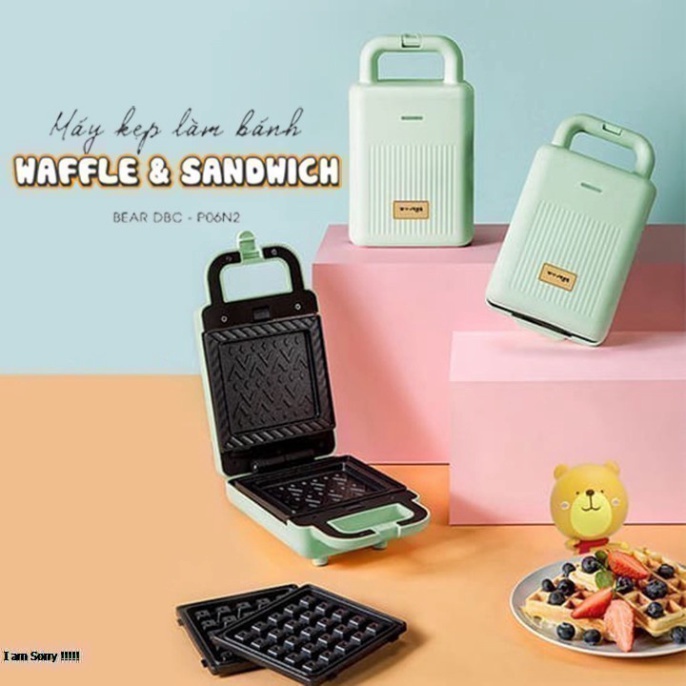 [Mã 155ELSALE giảm 7% đơn 300K] Máy nướng bánh mì mini, làm bánh waffle 2 Khuôn Bear