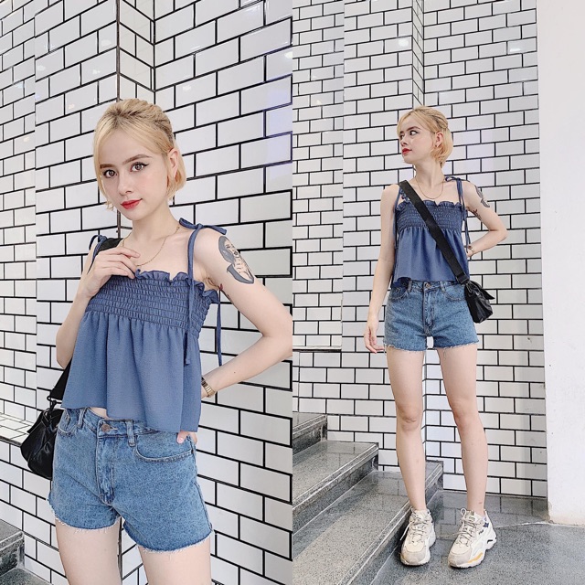 Áo croptop 2 dây nhún ngực/ ảnh thật