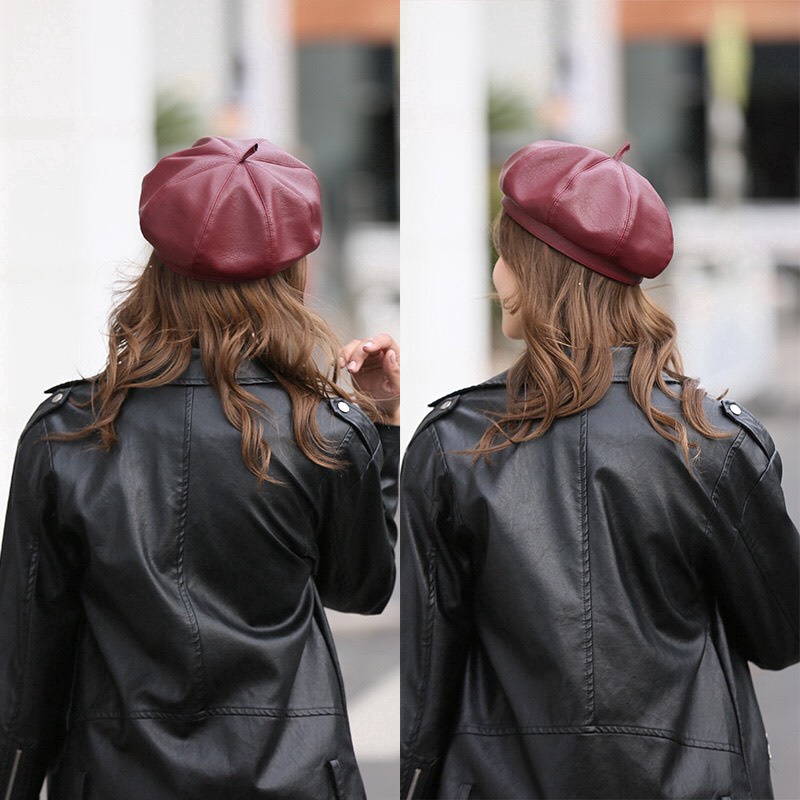 Mũ nồi Beret nữ thời trang da PU có dây rút điều chỉnh vòng đầu 3 màu bát giác