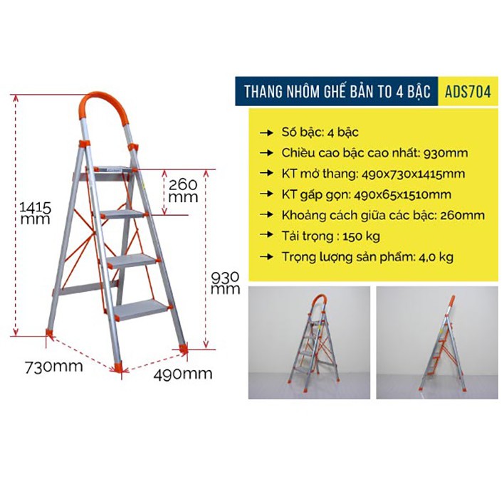 Thang nhôm ghế 4 bậc xếp gọn Advindeq ADS704 chính hãng