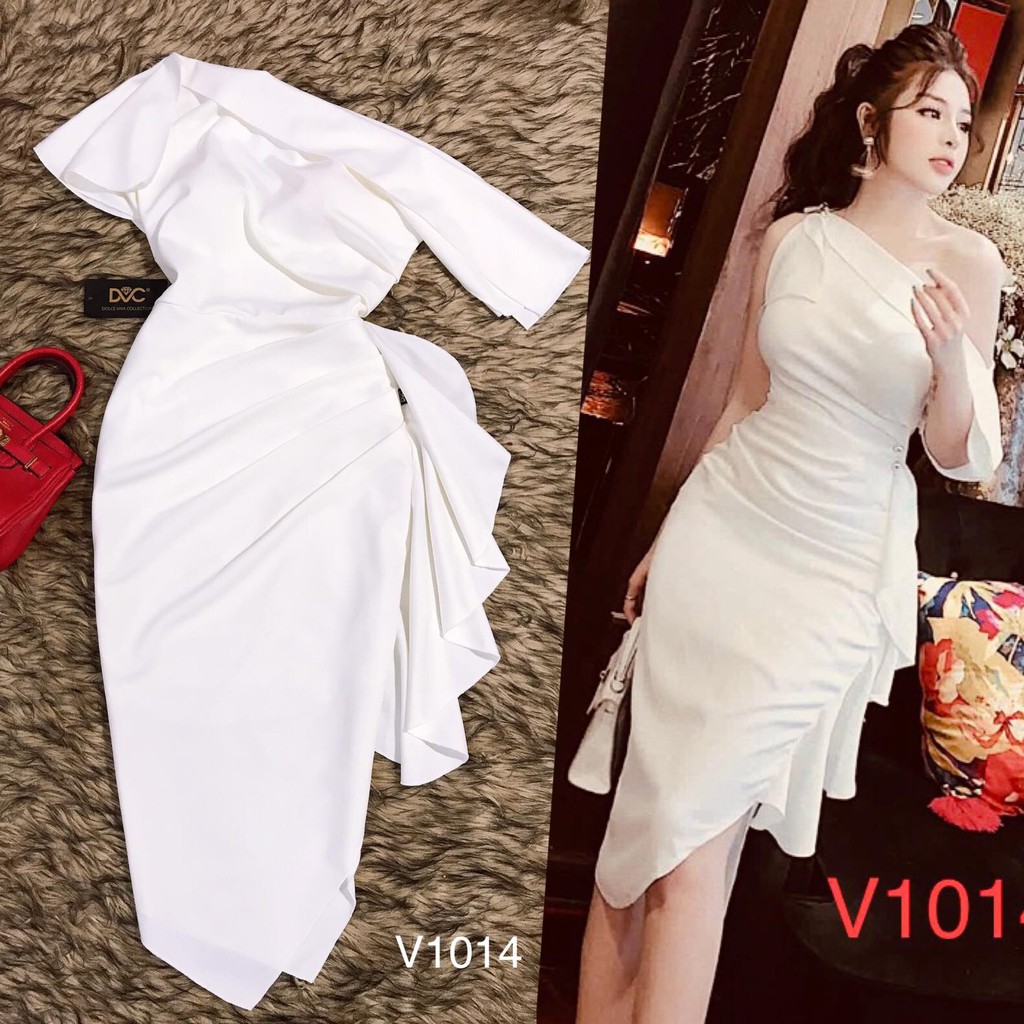 [Mã WA9925 giảm 25k đơn 200k] VÁY DỰ TIỆC NHÚN EO LỆCH VAI V1014