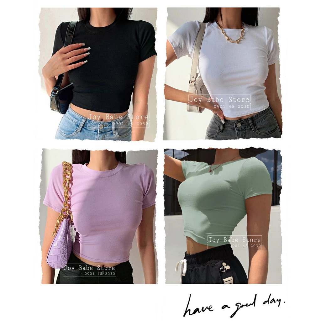 Áo croptop cổ tròn JOY BABE 🌸🖤 lên form sang đẹp, thun Forever 21 co giãn 4 chiều êm trắng đen nude neon trơn CRON 1 -4D