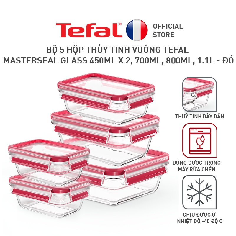 [LIFEMC11BPC -8% đơn 350K] Bộ 5 hộp thủy tinh vuông Tefal Masterseal Glass 450ml x 2, 700ml, 800ml x 2, 1.1L