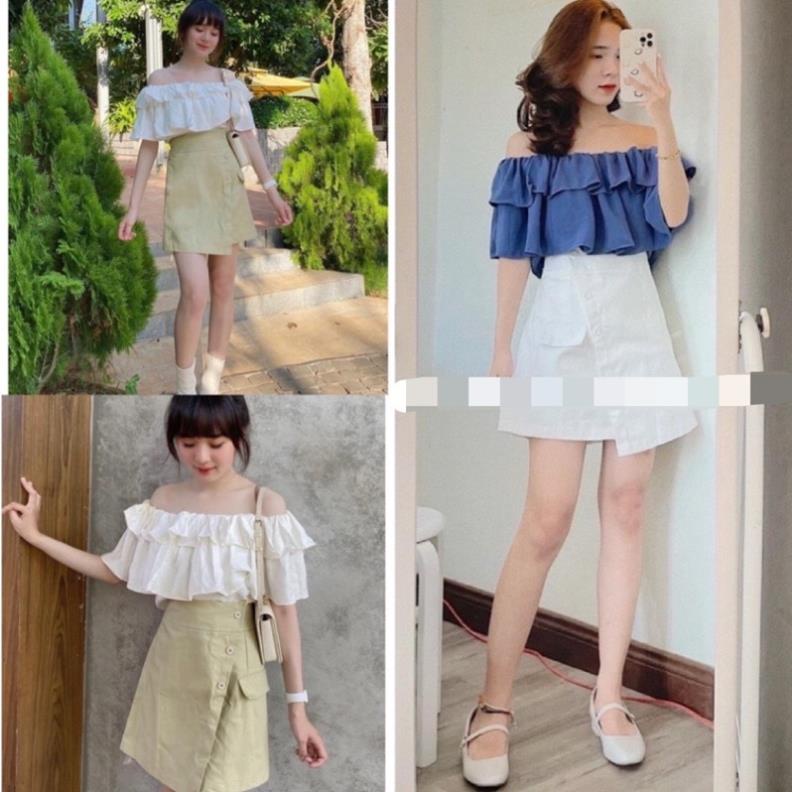 [Xả Kho] Set Áo Trễ Vai Kèm Quần Váy Kaki❤️Bộ Đồ Nữ Sơ Mi Bèo Tầng Kèm Chân Váy Hot Hit